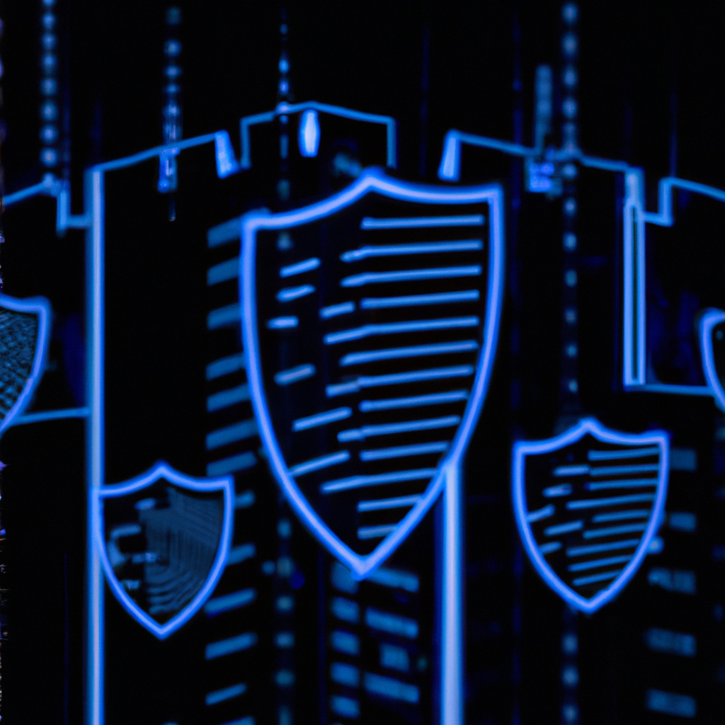A secure digital fortress protecting IT infrastructure, with glowing cybersecurity shields, data streams, and enterprise-level protection systems. No text should be included in the image. Style: Cyberpunk, Theme: Technology