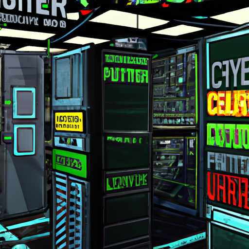 A professional IT hub environment with servers, cloud computing elements, and security protocols visualized as protective barriers. No text should be included in the image. Style: Cyberpunk, Theme: Technology