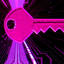 A digital key unlocking secure enterprise systems with advanced protection protocols and cybersecurity measures visualized. No text should be included in the image. Style: Cyberpunk, Theme: Technology