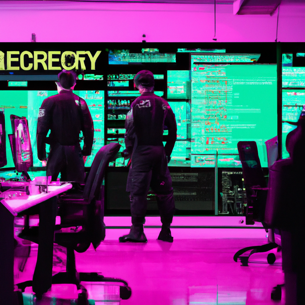 Cybersecurity command center for enterprise IT with professionals monitoring systems, security alerts, and protection protocols. No text should be included in the image. Style: Cyberpunk, Theme: Technology