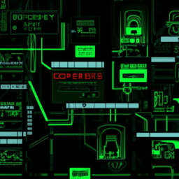 Enterprise network security visualization with protective barriers, secure gateways, and advanced threat detection systems. No text should be included in the image. Style: Cyberpunk, Theme: Technology