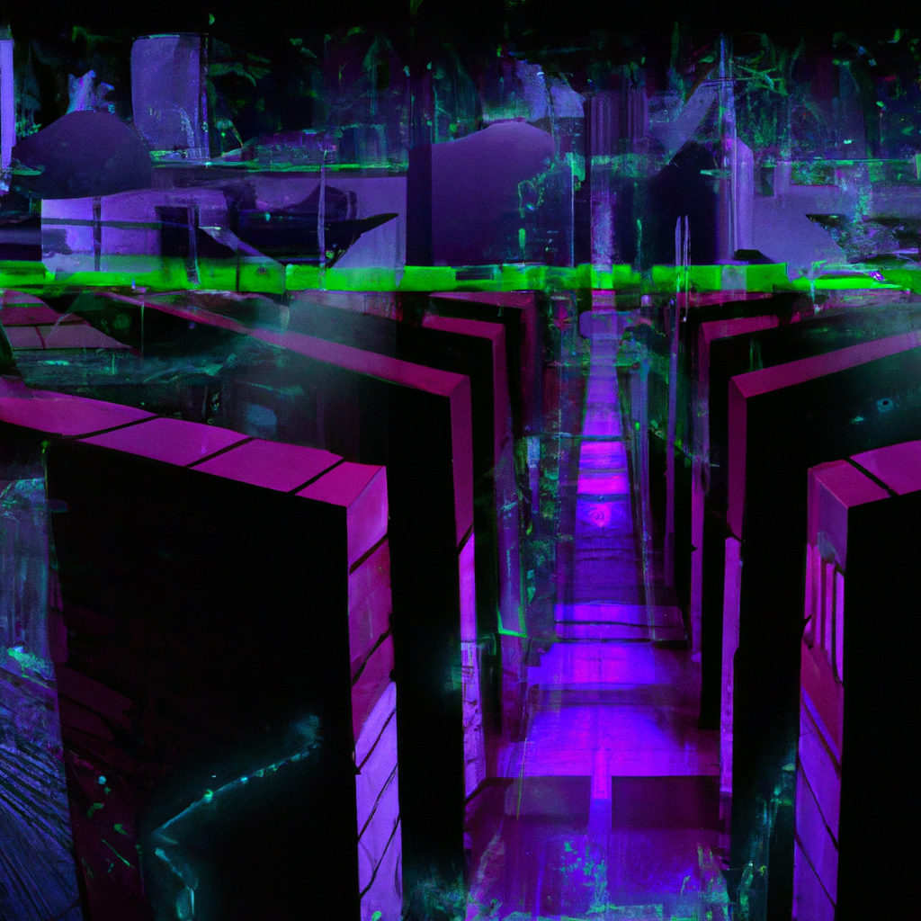 A digital landscape representing enterprise IT security with firewalls, secure connections, and protected data centers in a futuristic setting. No text should be included in the image. Style: Cyberpunk, Theme: Technology