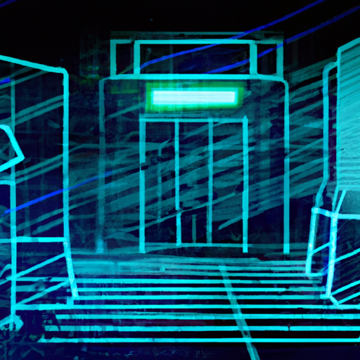 Digital security perimeter around enterprise IT infrastructure with protective barriers, secure gateways, and monitoring systems. No text should be included in the image. Style: Cyberpunk, Theme: Technology