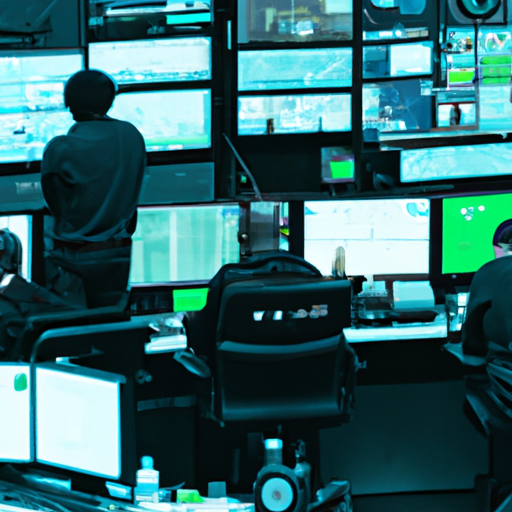 IT security command center with professionals monitoring enterprise systems, threat detection, and protection protocols. No text should be included in the image. Style: Cyberpunk, Theme: Technology