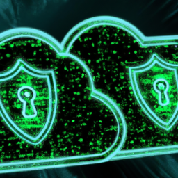 A digital lock securing cloud data, with enterprise-grade protection visualized through glowing shields and secure connections. No text should be included in the image. Style: Cyberpunk, Theme: Technology