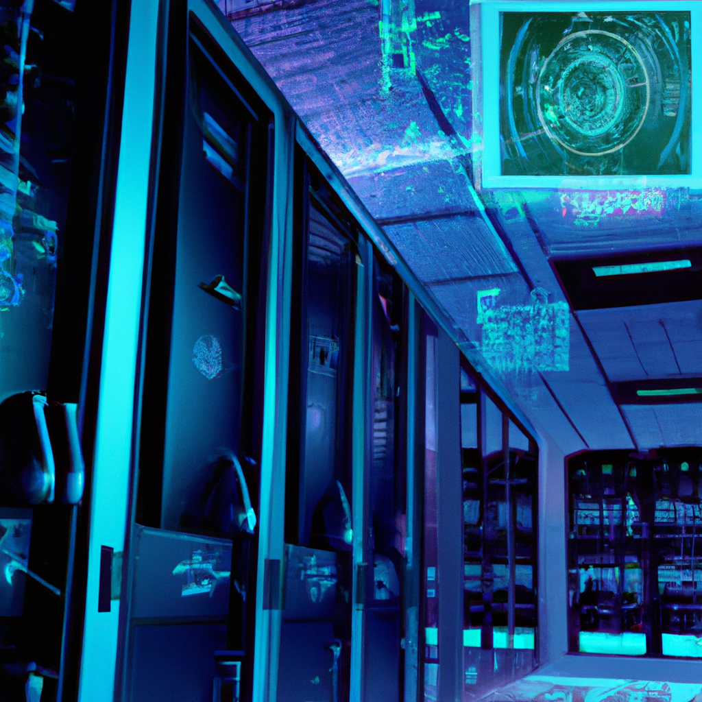 Futuristic server room with advanced security measures, biometric scanners, and enterprise-level protection systems. No text should be included in the image. Style: Cyberpunk, Theme: Technology