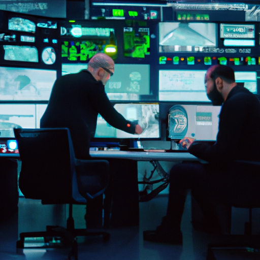 IT security professionals monitoring enterprise systems in a high-tech command center with holographic security interfaces. No text should be included in the image. Style: Cyberpunk, Theme: Technology